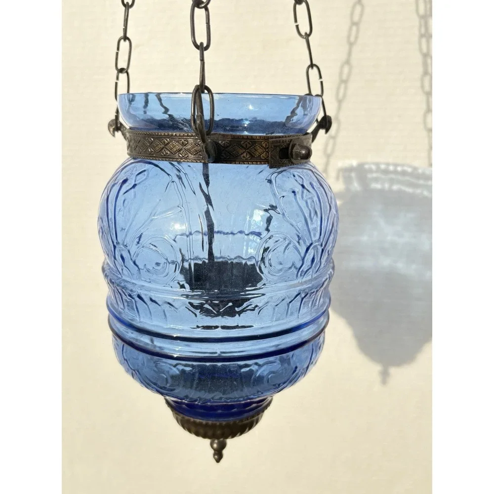 Antique hanging Blue Glass Bell Jar Candle Lantern ~ Pendant Bell